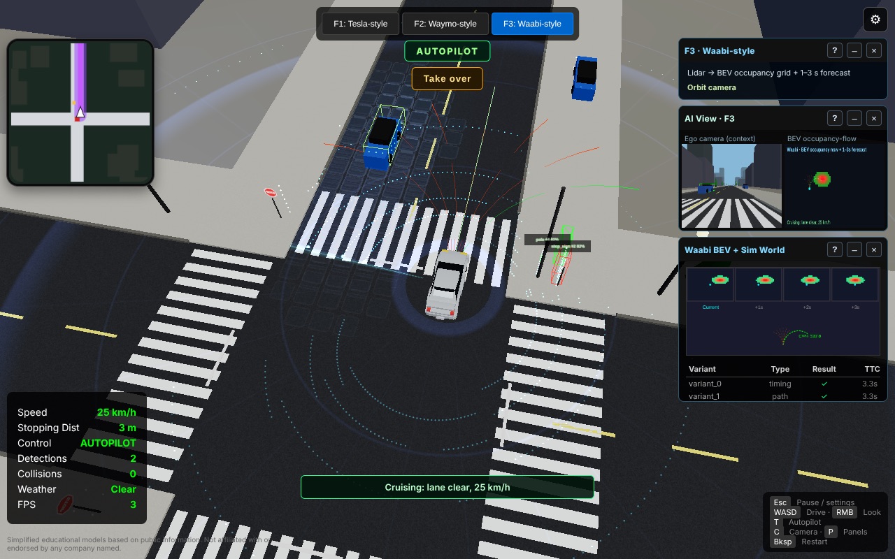 Autonomy City in the Waabi-style view: lidar sweep, a bird's-eye occupancy grid, and a forecast of where things will be in 1 to 3 seconds